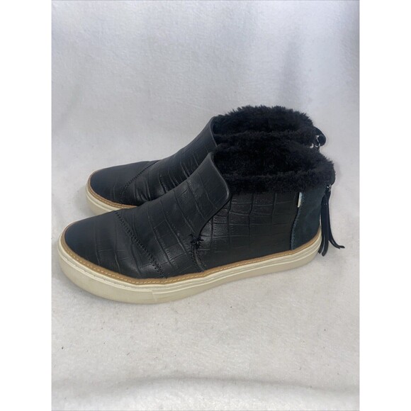 TOMS PAXTON Leather Suede Crocodile Embossment SLIP ON ANKLE BOOT 7 Faux Fur - Picture 3 of 9